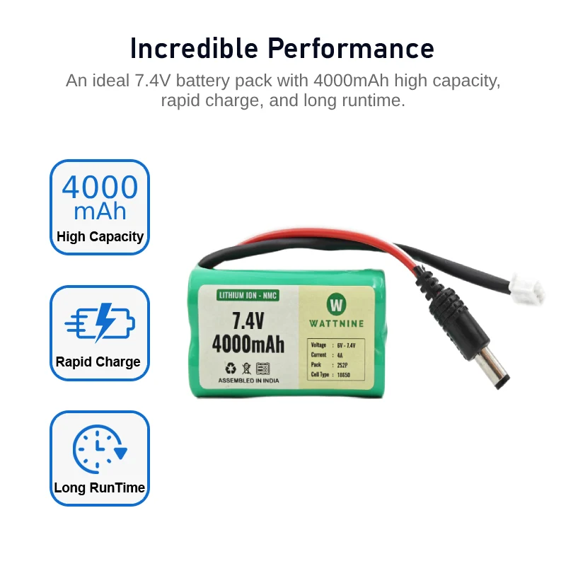 WATTNINE® 7.4V 4000mAh Rechargeable Lithium Battery Pack with Warranty - Image 2