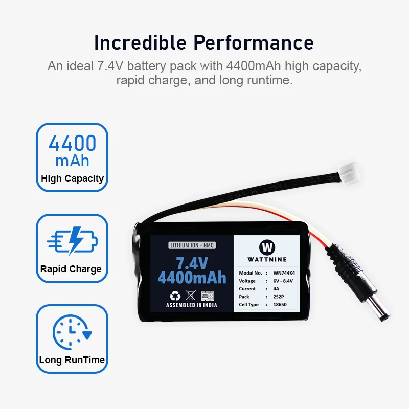 WATTNINE® 7.4V 4400mAh Rechargeable Lithium-ion NMC Battery Pack with Warranty for GPS, CCTV, and Commercial Application - Image 2