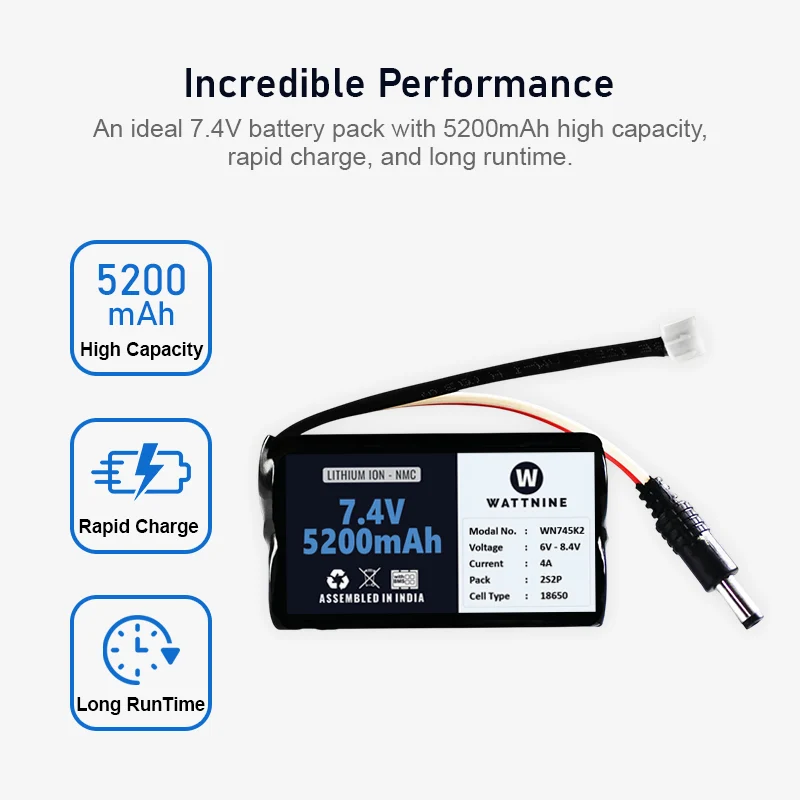WATTNINE® 7.4V 5200mAh Rechargeable Lithium-ion NMC Battery Pack with Warranty for GPS, CCTV, and Commercial Application - Image 2