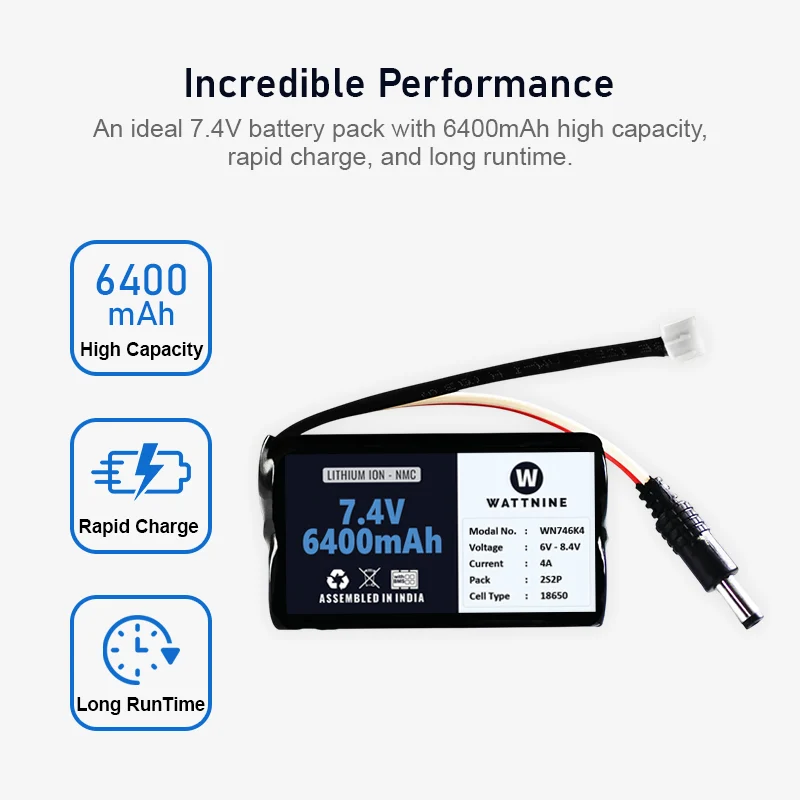 WATTNINE® 7.4V 6400mAh Rechargeable Lithium-ion NMC Battery Pack with Warranty for GPS, CCTV, and Commercial Application - Image 2