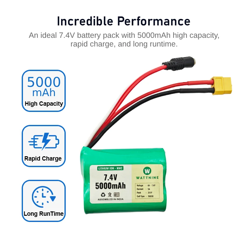 WATTNINE® 7.4V 5000mAh Rechargeable Lithium Battery with Warranty for GPS, CCTV, Industrial and Commercial Application - Image 2